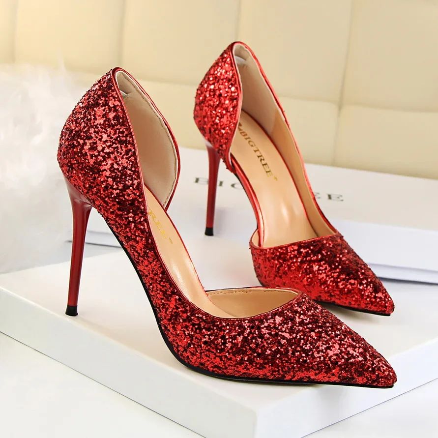 Plus Size 34-43 Women 9.5cm High Heels Stripper  Bling Glod Red Silver Scarpins Pumps Lady Stiletto Wedding Bridal Fetish Shoes