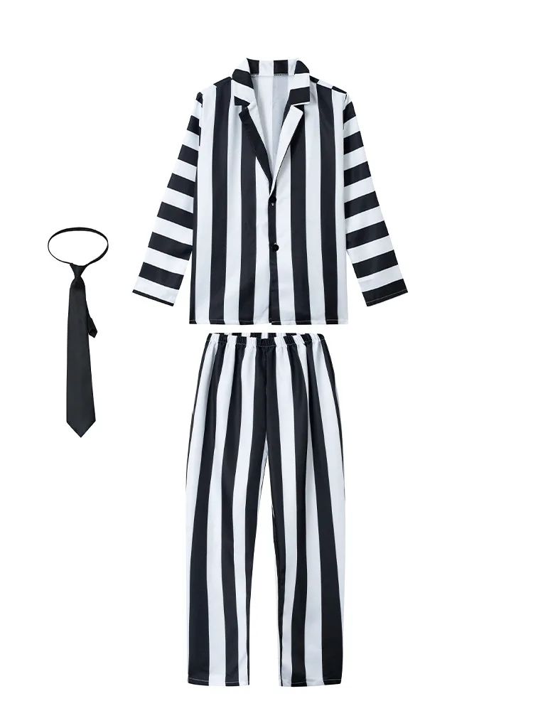 Miccosts Adult Kids Black and White Vertical Stripes Jacket Suit With Tie Halloween Infernal Master Cosplay Costume For Boy Men