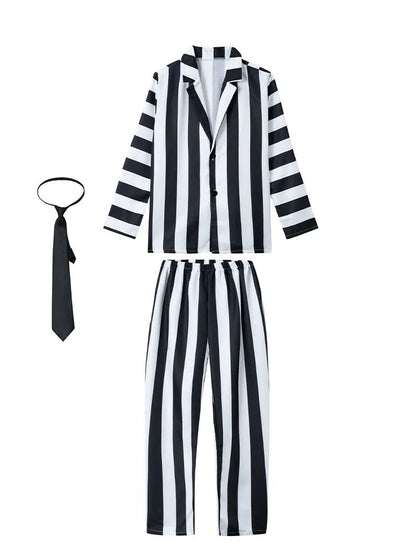 Miccosts Adult Kids Black and White Vertical Stripes Jacket Suit With Tie Halloween Infernal Master Cosplay Costume For Boy Men