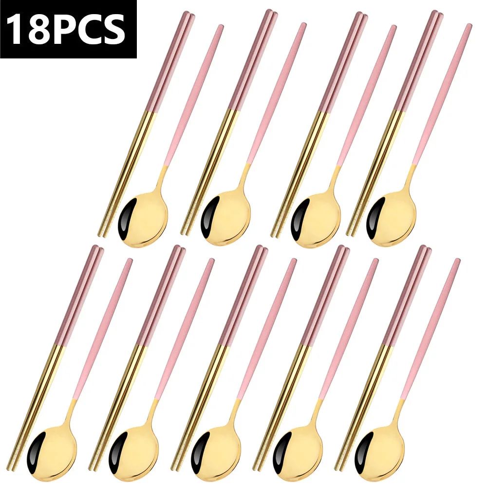 18Pcs Black Gold Dinnerware Dinner Spoons Chopsticks Cutlery Set Stainless Steel Tableware Sets Kitchen Home Silverware Set