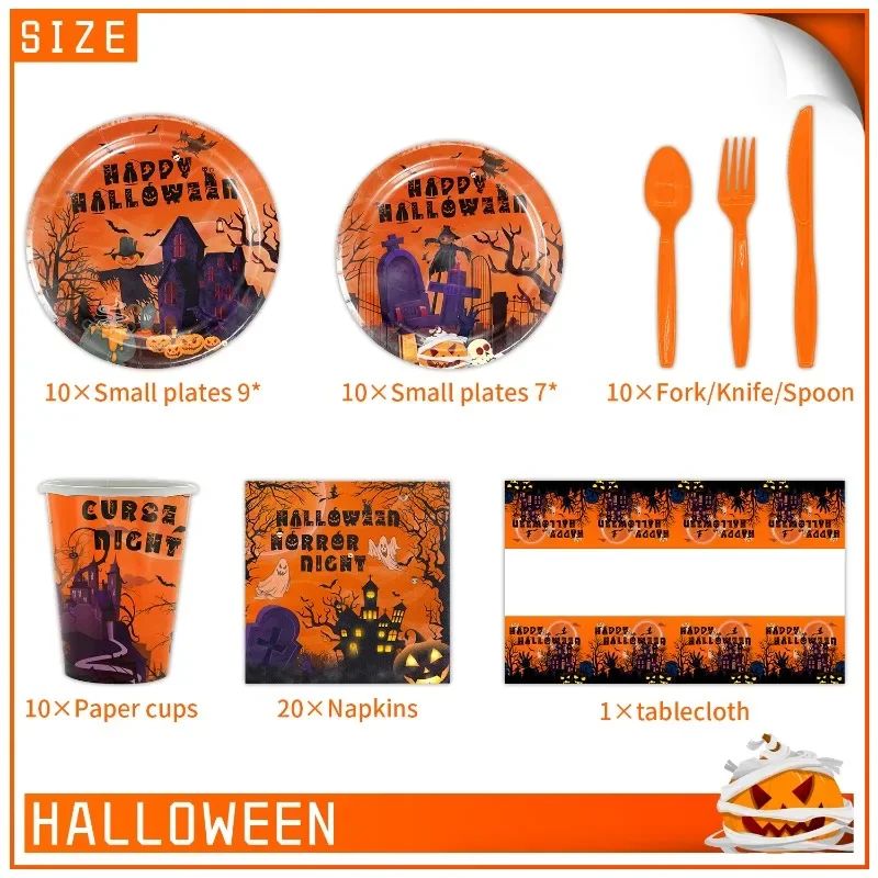 Conjunto de Louça de Festa de Halloween Pratos Festivos Guardanapos Toalha de Mesa Louça Descartável para 10/12 Convidados Decoração de Halloween