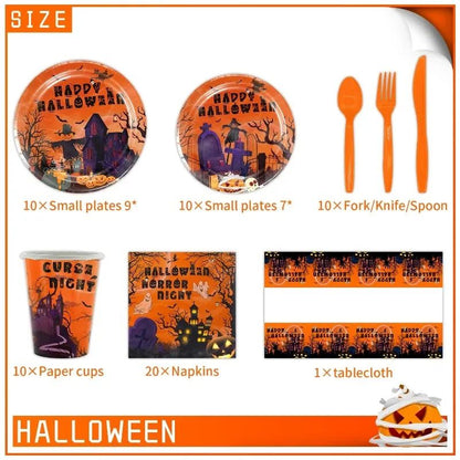 Conjunto de Louça de Festa de Halloween Pratos Festivos Guardanapos Toalha de Mesa Louça Descartável para 10/12 Convidados Decoração de Halloween