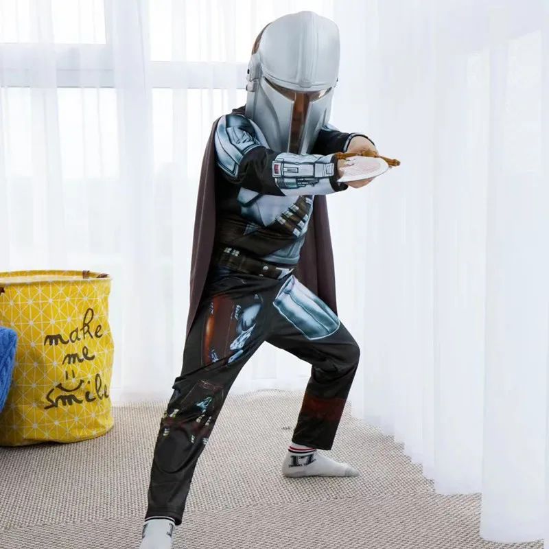 New Kids Classic Mandalorian Costume Set Star Wars Warrior Armor Jumpsuit with Helmet & Cape Boys Halloween Cosplay Dress Up