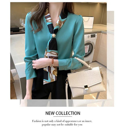 FANAN Elegant Fashion Office Lady Bow Solid Chiffon Shirts Women Clothing New Long Sleeve V-Neck Pullover Top Blouses Female2025