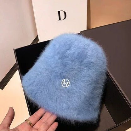 Coreia Designer M Bucket Hat Feminino Quente Pelúcia Angola Coelho Pelo Chapéu Senhora Outono Inverno Ins Moda Chapéu Bacia Retrô Fofo Panamá