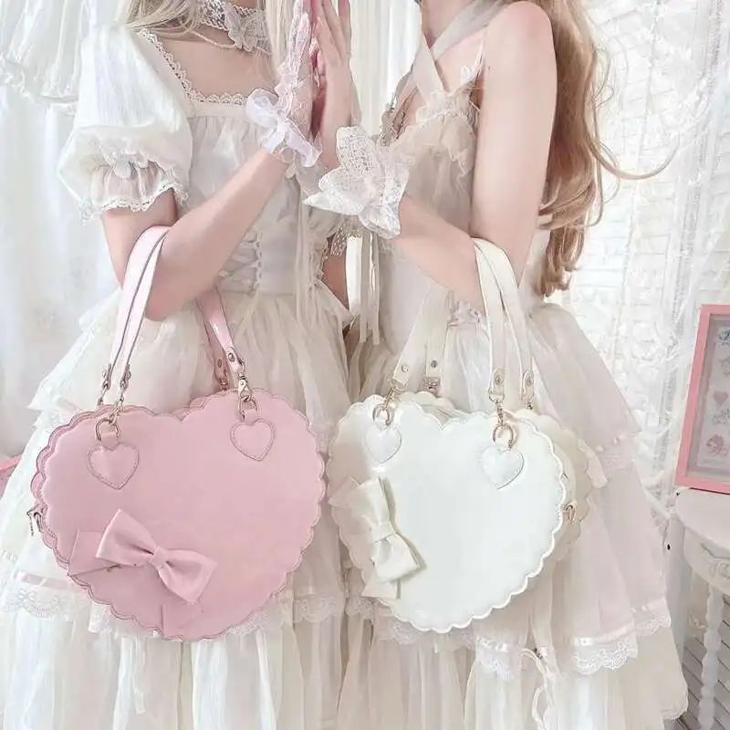 PU Heart Lolita Handbags Girls Bowknots Decor Japanese Shoulder Bags Two Sized Kawaii Shell Purses Cute Pink Messenger Bag Gifts