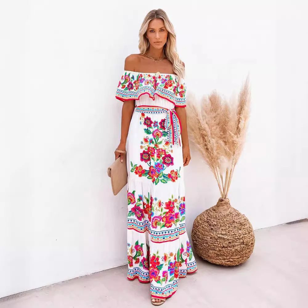 2024 Spring Summer New Independent Stand Amazon Off-shoulder Red Flower Printing Long Dress Oversized Wide Hemline Sleeveless
