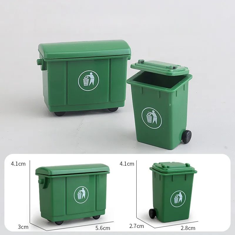 1 conjunto de mini lixeiras, mini lixeiras de saneamento para casa de bonecas, cena externa com o modelo de mini carro de ferramenta de mudança de mercadorias