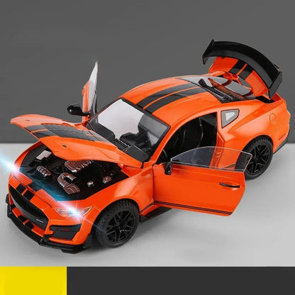 Miniaturas grandes de Ford Mustang GT500 1:18, veículo de liga fundido em metal, modelo colecionável, brinquedos com luz e som, carro de presente para crianças e meninos
