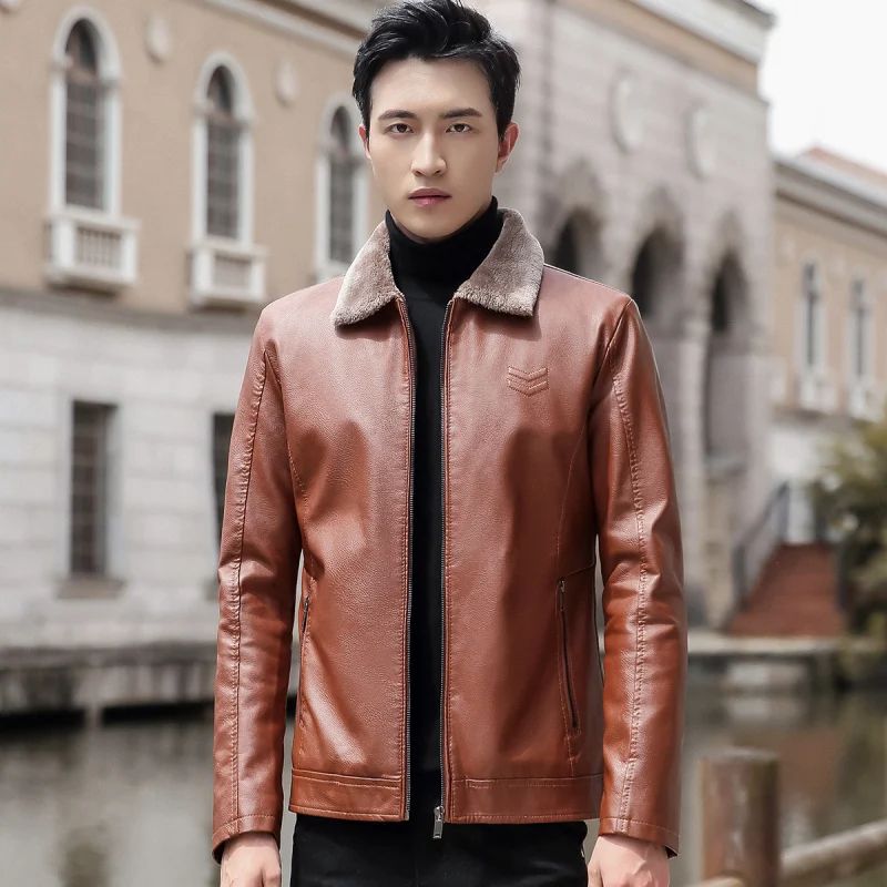 Trend Korean Slim Fit Casual Men's Leather Jacket Leather Jacket Busines Men's Fur Collar High Quality Fashion Motorcycle Jacket