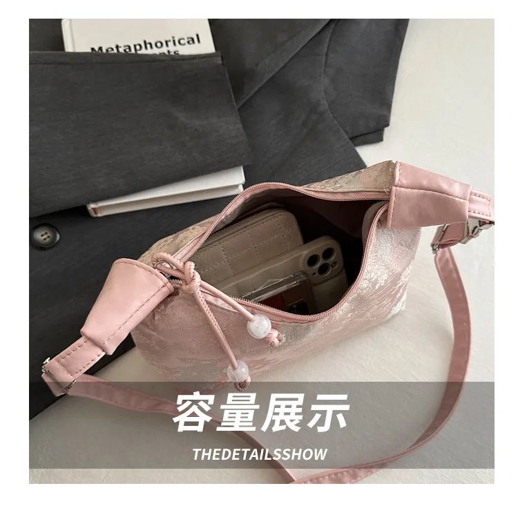 Sweet Embroidery Shoulder Bag Nylon Texture Pearl Pendant Crossbody Bag Small Bucket Handbag Women Canvas Luxury Cheongsam Bag