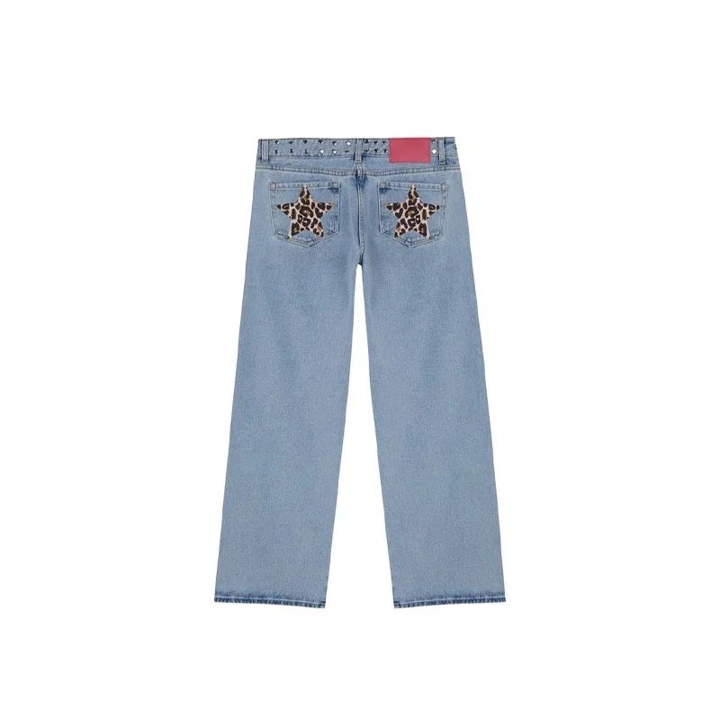 Women Y2K Vintage Jeans Patchwork Leopard Star Pattern Metal Rivet Jeans Female Baggy Casual Straight Leg Pants Women Clothing