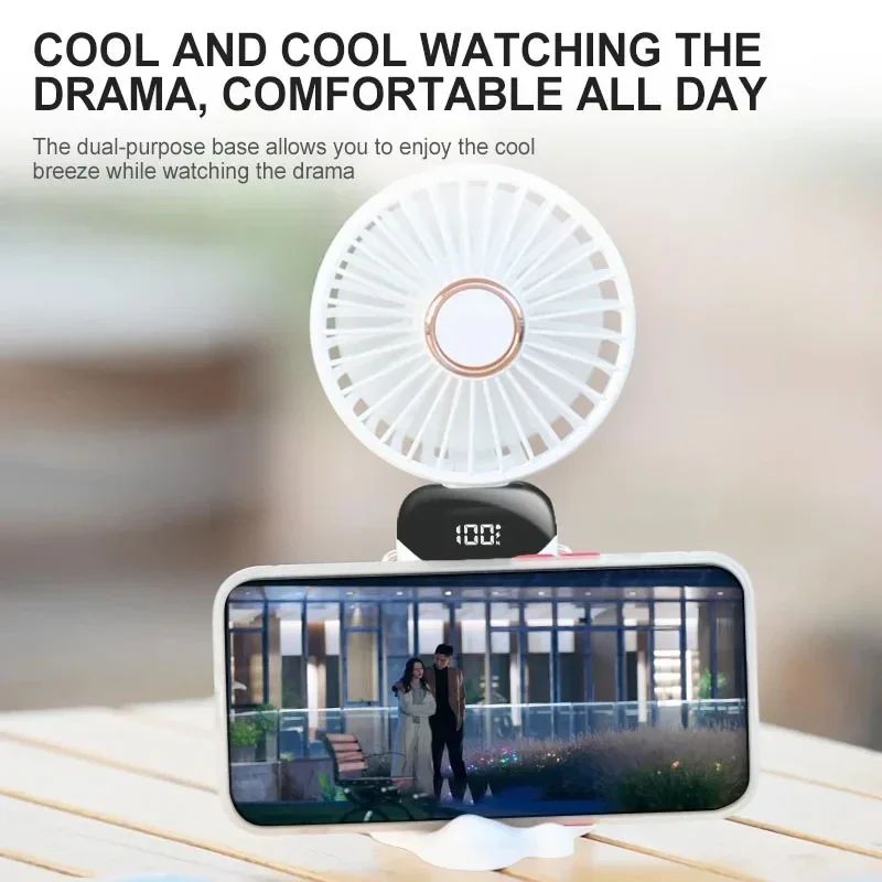 Portable Handheld Mini Fan Foldable Neck Hanging Fans 5 Speed USB Rechargeable Fan with Phone Stand and Display Screen 1800mAh