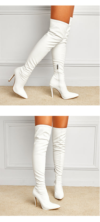 Aneikeh White Sexy Over-the-Knee Side Zipper Slip-On Pointed Toe Shoes NEW Fashion Striped Thin Heels Ladies Boots 2025 Spring