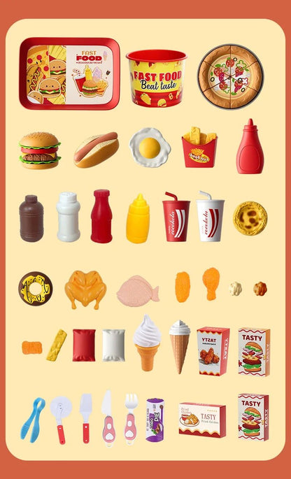 Conjunto de Brinquedos de Cozinha Infantil Simulação de Hambúrguer Pizza Batata Frita Brinquedo de Faz de Conta Comida Cozinha Jogo de Cortar Brinquedo Interativo Montessori Presente