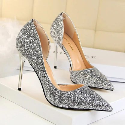 Plus Size 34-43 Women 9.5cm High Heels Stripper  Bling Glod Red Silver Scarpins Pumps Lady Stiletto Wedding Bridal Fetish Shoes