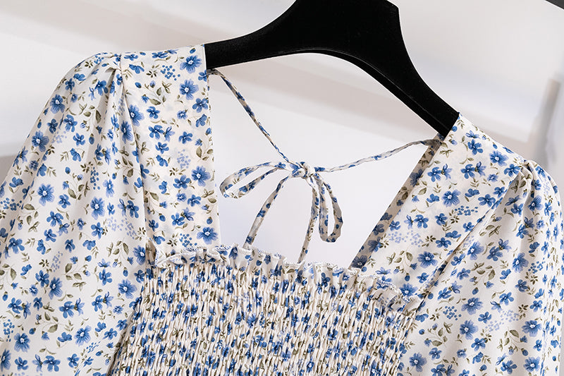 Summer Pleated Women Chiffon Dresses Casual Beach Holiday Short Sleeve Square Co