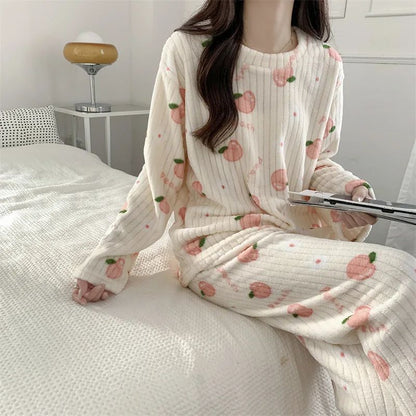 Autumn and Winter Coral Fleece Pajamas Set for Women Warm Lined  Loungewear Cozy Home Sleepwear Christmas Gift