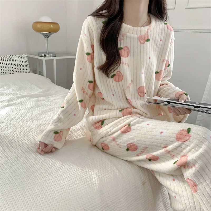 Autumn and Winter Coral Fleece Pajamas Set for Women Warm Lined  Loungewear Cozy Home Sleepwear Christmas Gift