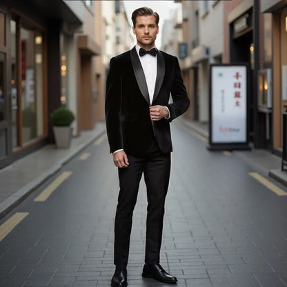 ?Velvet Elegance?Men's Single-Breasted Blazer | Long Sleeve Formal Jacket for Weddings, Business & Events