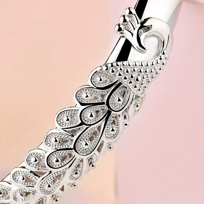 Pulseira Feminina Pavão Vazado de Prata Esterlina 925 Textura de Luxo Aberta Presente de Joias Originais para Festa