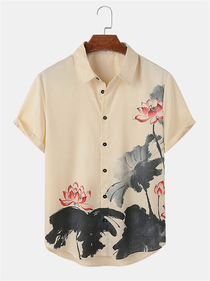 Chinese Ink Style Print Men's Shirt Hawaiian Beach Casual Men's Lapel Top Large Size Comfortable Men's Short-sleeved Shirt