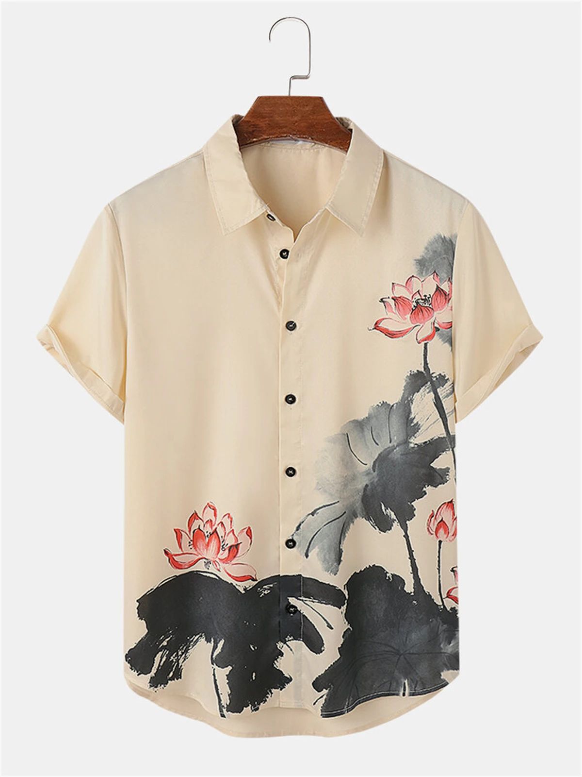 Chinese Ink Style Print Men's Shirt Hawaiian Beach Casual Men's Lapel Top Large Size Comfortable Men's Short-sleeved Shirt