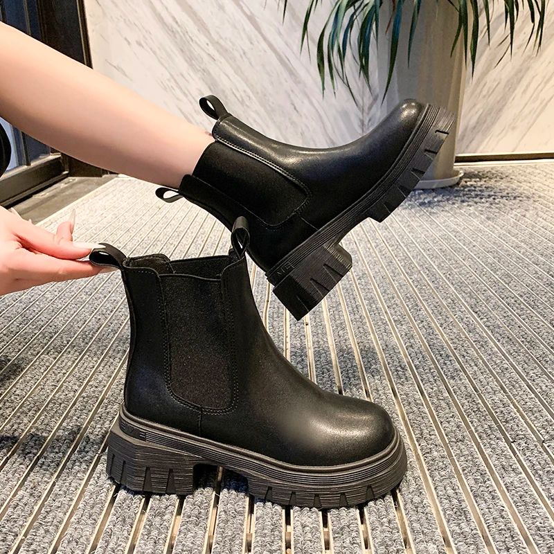 Autumn and Winter New Round Toe Low Heel Women's Boots Chelsea Motorcycle Boots Solid Color Breathable Casual Women's Boots
