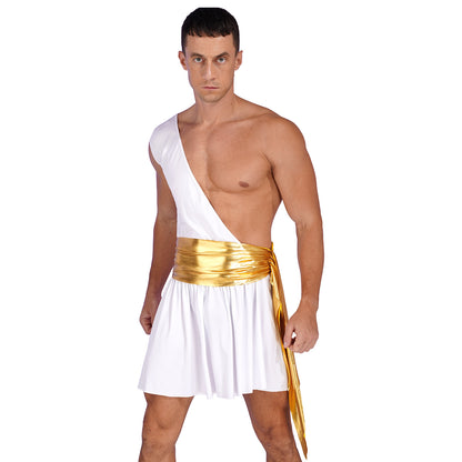 Mens Ancient Greek God Toga Gladiator Costume Roman Emperor One Shoulder Sleeveless Robe Halloween Medieval Warrior Dress Up