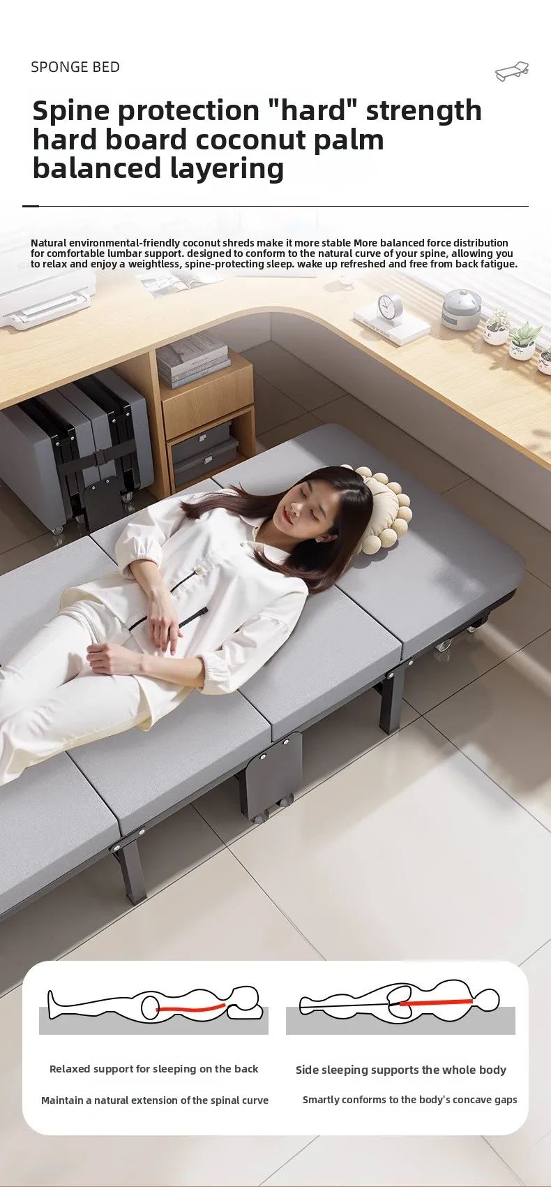 Cama dobrável, cama para pausa para almoço, cadeira para soneca, cama de acampamento portátil doméstica com tábua rígida para acompanhante.