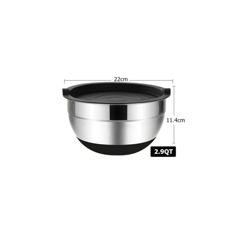 Silicone base thickened with lid cooking basin anti slip salad mixing bowl stainless steel egg beater bowl for kitchen baking