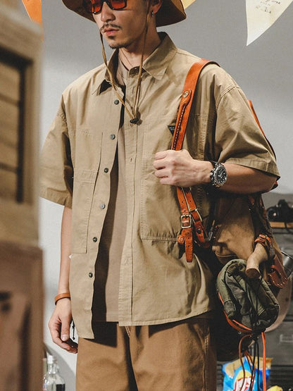 Summer hawaiian Casual Cargo Shirt For Men Oversized Short Sleeve Tee Shirts Y2K Streetwear Button Blouses Outdoor Masculino