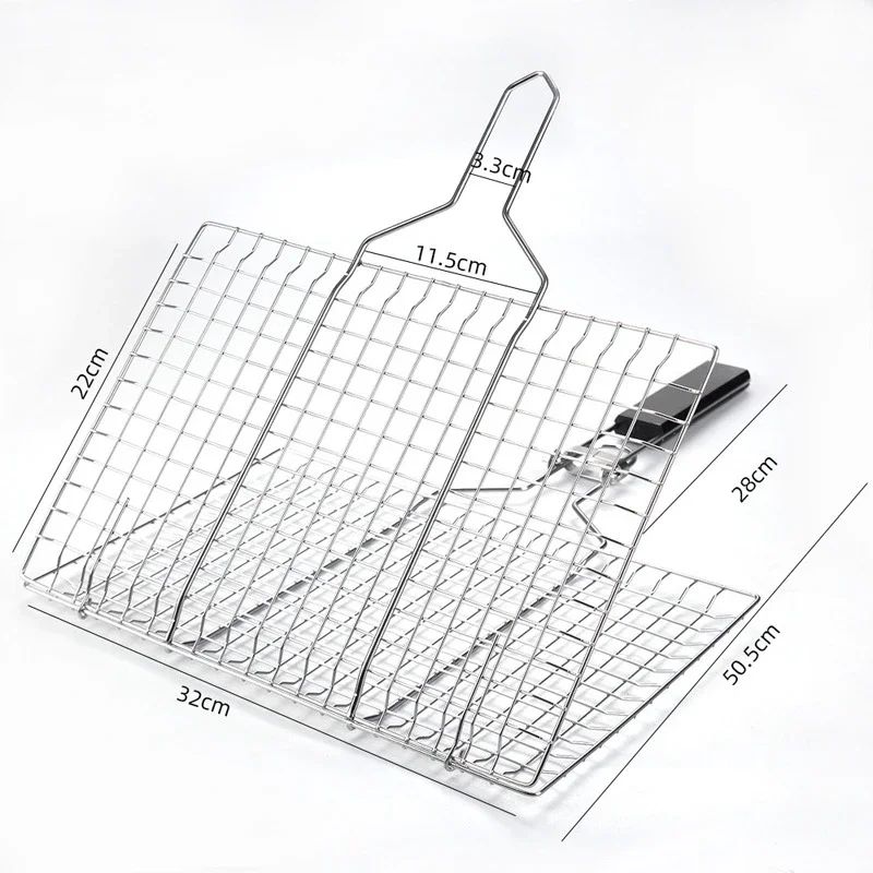 Grill fish basket, collapsible portable stainless steel grill basket with detachable handle and storage bag