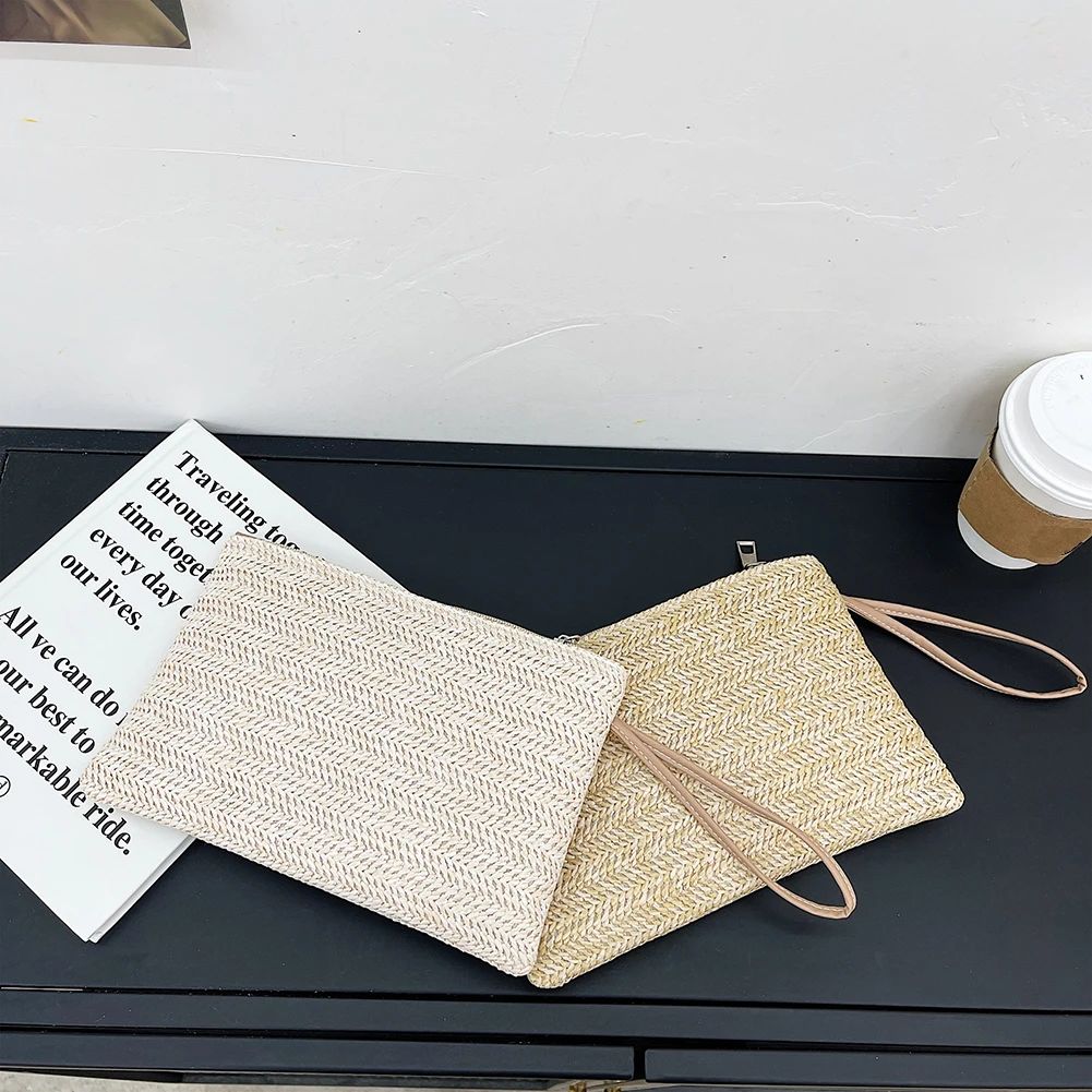 Boho Elegant Straw Handbag Beach Clutch Women's Beach Woven Clutch Purse Solid Colour