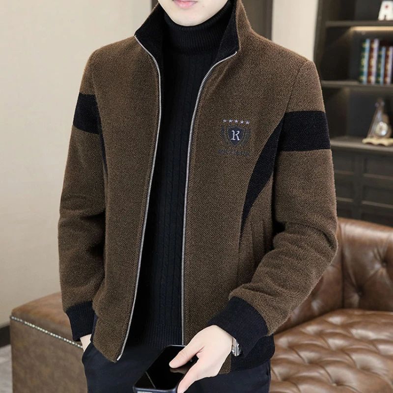 High End Splicing Men's Woolen Coat Winter Thick and Warm Wool Blends Jacket Fashion Casual Social Standing Collar Overcoat 4XL