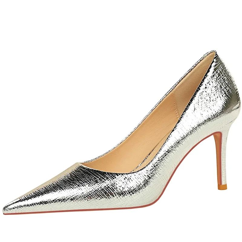 Spring Autumn New Women 7cm High Heels Fashion Retro Holiday Party Pumps Lady Gold Silver Daily Office Pointed Toe Low Heels