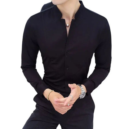 Black Men Long Sleeve Shirt, White Single Breasted Collar Stretch Shirts, Red Fashion Slim Top,Asian Size M-5XL(Korean Slim Fit)