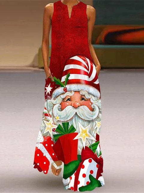 Christmas Dress For Womens Cute CartoonChristmas Element Pattern Print Maxi Dress Sexy Sleeveless V-neck Casual Long Dress Robe