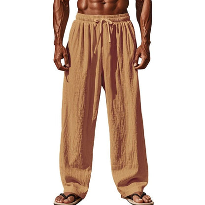 Calça Casual Masculina de Linho com Elástico na Cintura, Calça de Praia Leve com Cordão, Calça de Yoga de Verão Cor Sólida, Calça de Praia