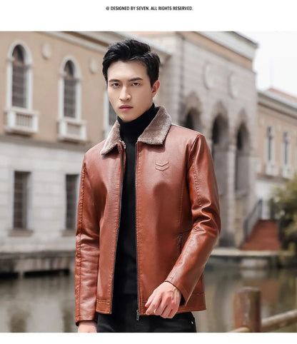 Trend Korean Slim Fit Casual Men's Leather Jacket Leather Jacket Busines Men's Fur Collar High Quality Fashion Motorcycle Jacket