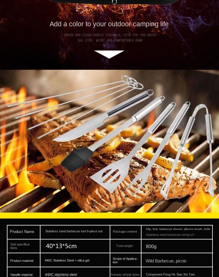 9pcs Portable BBQ tool Kit Outdoor Grill barbecue set Barbecue Set Spatula Clip Skewer With Storage Cloth Bag Grilling Tools
