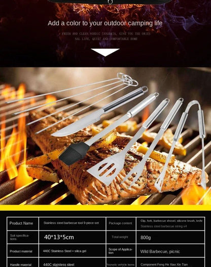 9pcs Portable BBQ tool Kit Outdoor Grill barbecue set Barbecue Set Spatula Clip Skewer With Storage Cloth Bag Grilling Tools