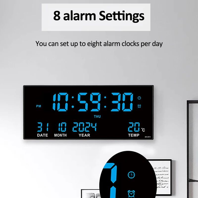 Digital Large Wall Clock Alarm Temperature Date Calendar Display 8 Sets of Alarm Clocks 14'' Electronic LED Clock Plug in Use