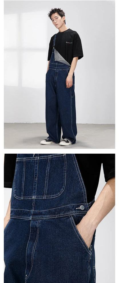Macacão Jeans Retrô Estilo Japonês Casual Perna Reta Roupa de Trabalho Streetwear Americano Macacão Jeans Masculino e Feminino Folgado