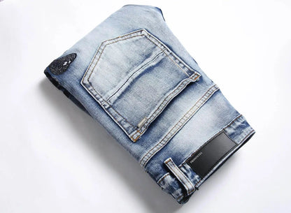 Blue Eyed Snake Embroidery Street Style Jeans For Teenagers Elastic Waist Cotton Material Casual Scene Suitable