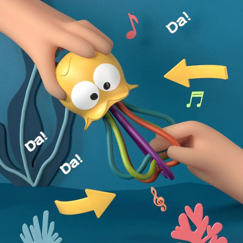 Jellyfish Grinding Gum Rocking Bell for Babies Aged 0-3 Years Old, Multifunctional Hand Grip, Water Boiling Toy Safe and Durable