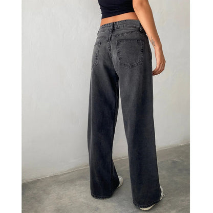High Waist Straight Leg Women's Jeans Retro American Washed Denim Pants Autumn Street Style Wide Leg Trousers for Women