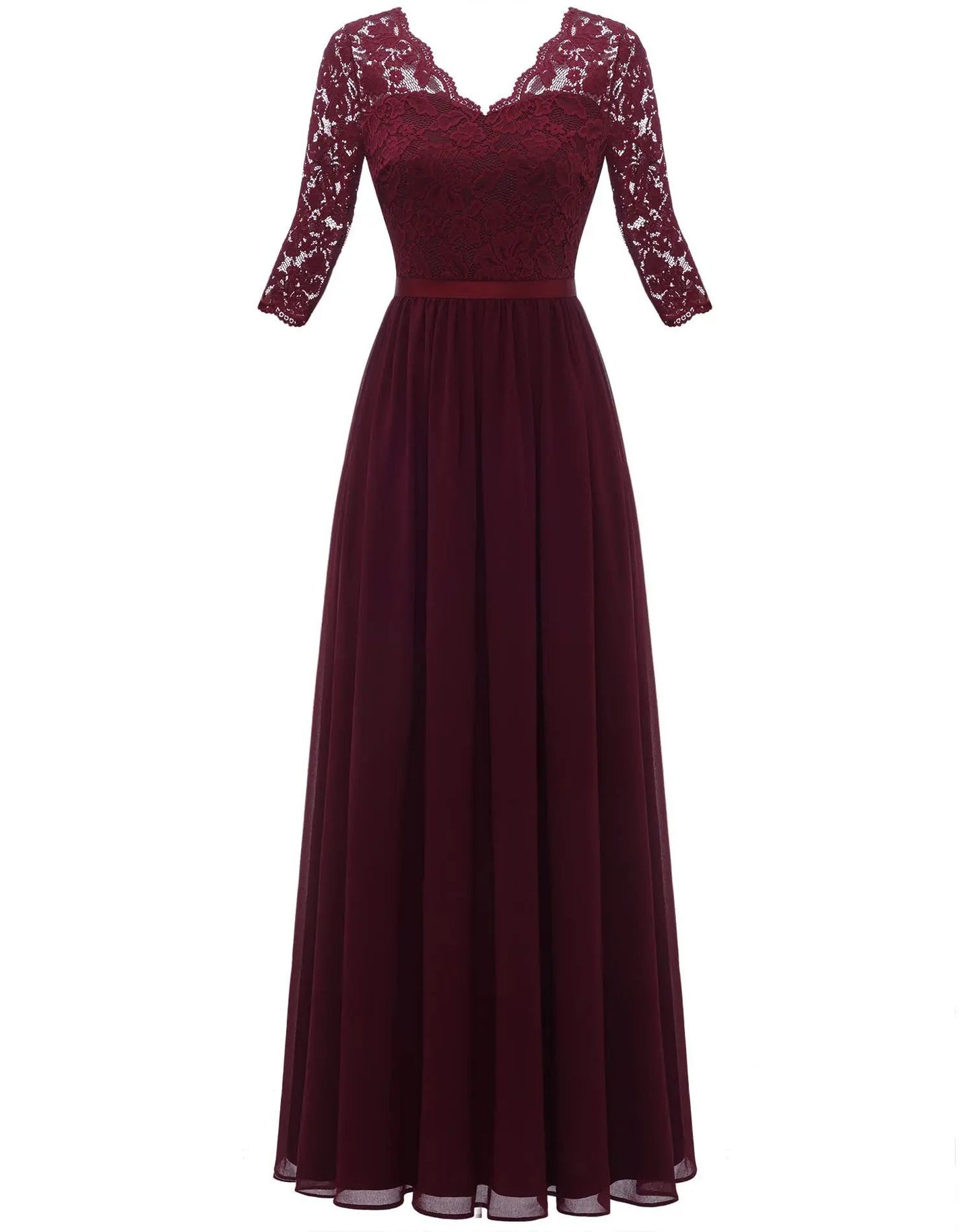 New 6-Color 5-Size Lace Splicing Long Waist-Cinching Elegant Dress Floor-Length V-Neck Polyester Fiber Evening Gown Dress