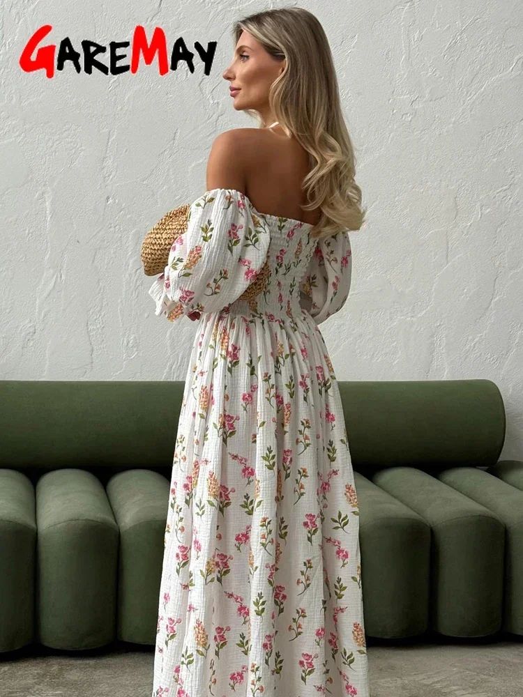 Women's Summer Cotton Dress 100% Elegant Ruffle Midi Floral Print Dress with Sid