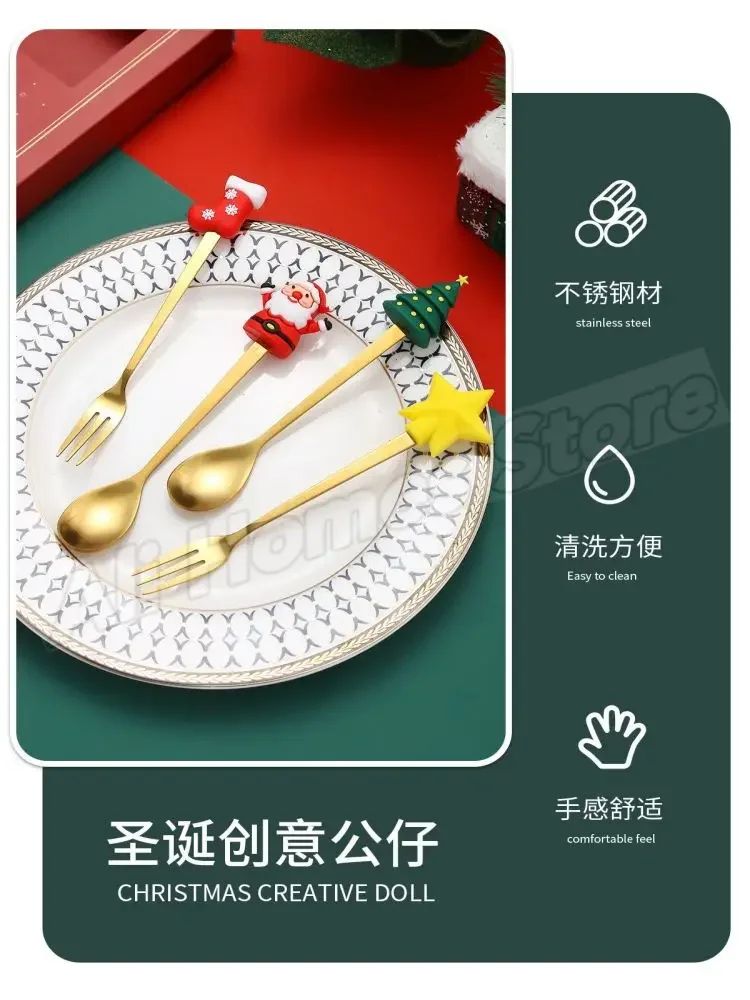 Christmas Cutlery Set Elk Dessert Scoop Fruit Fork Coffee Spoon Stainless Steel Dessert Fork 4/6PCS Christmas Spoons Fork Set